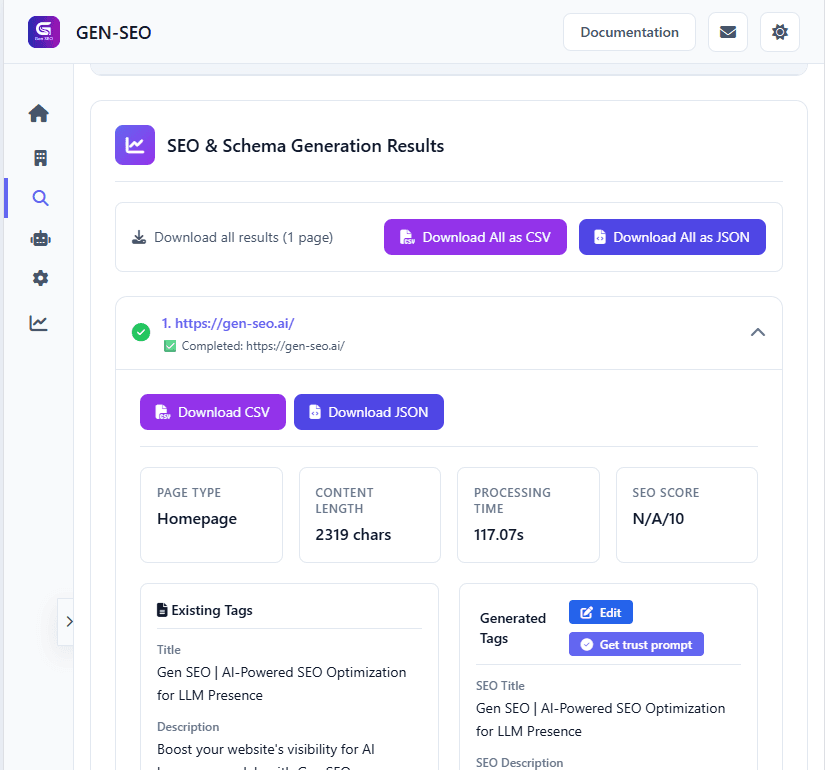 Results generated as per input URL and business